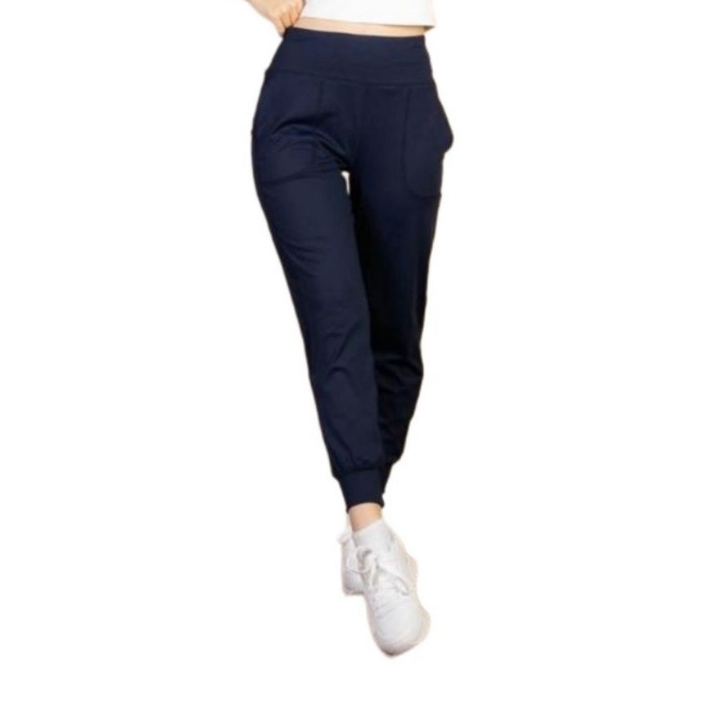 Women's High Waisted Wide Waistband Joggers. Navy. Stretchy.